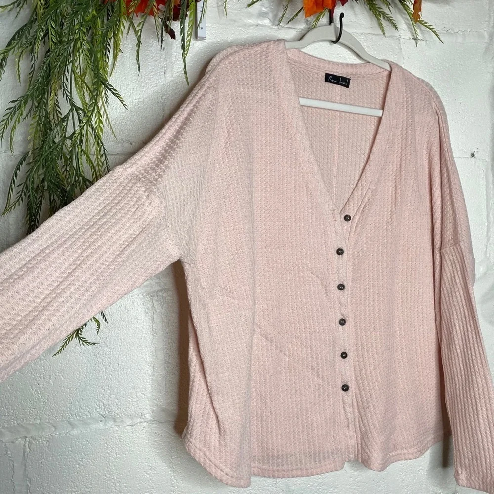 Soft Pink Waffle Weave Button Front V Neck Long Sleeve Top Size Large